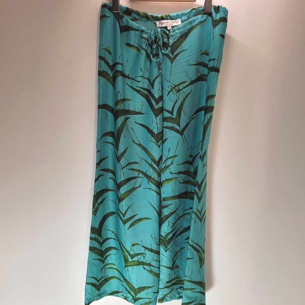 Ramona La Rue By Arianne 100% Crepe Teal Green Leaf Print Flowy Pants - S - Picture 2 of 8